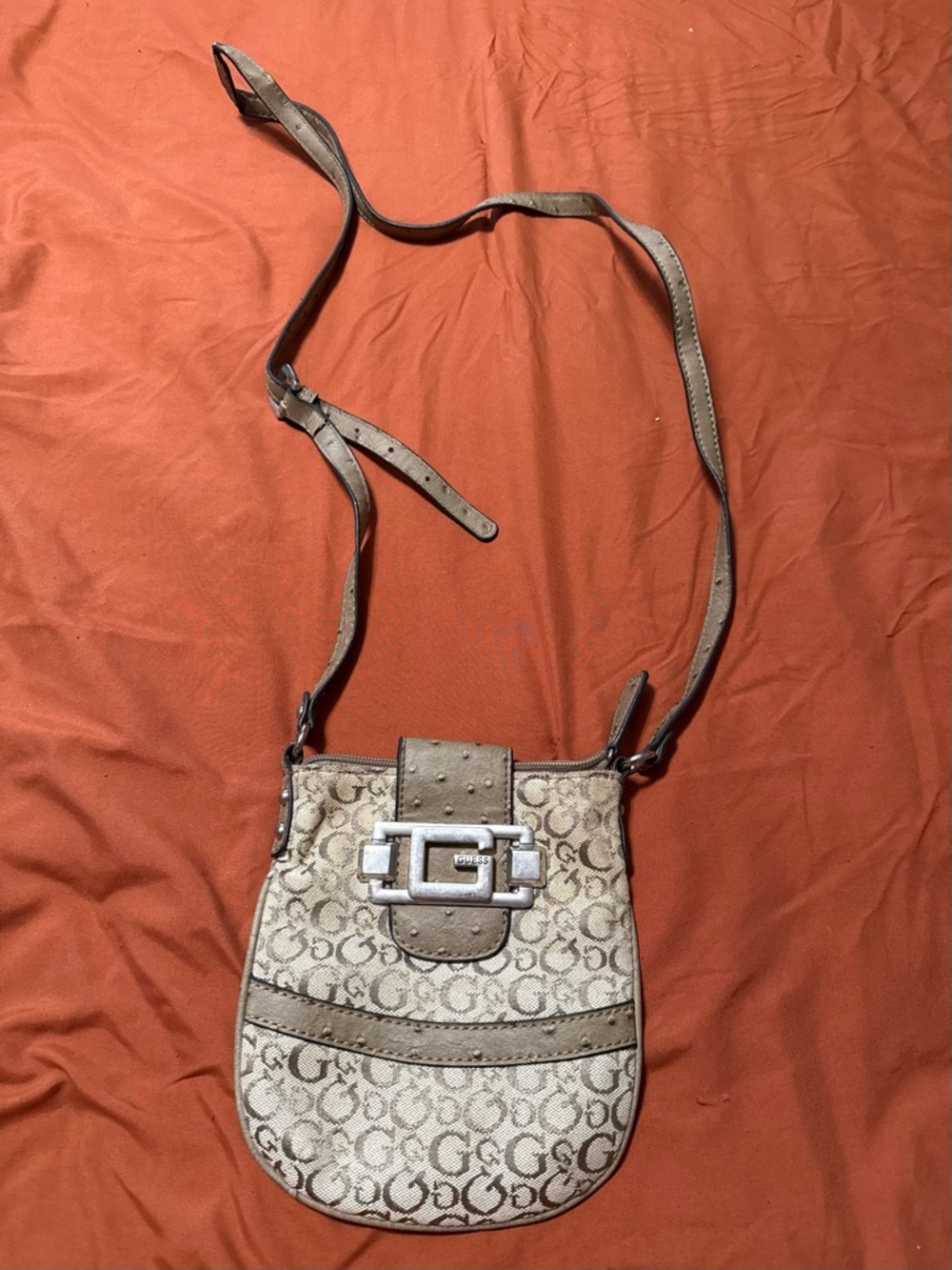 Guess Beige Brown Monogram Crossbody with Silver Buckle